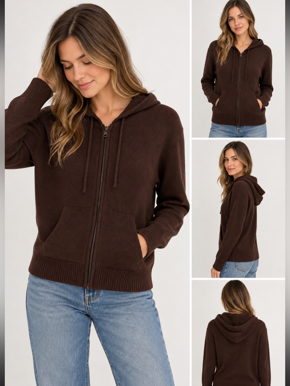 $168 Tna Cashwool Relaxed Full Zip Hoodie Brown XXS Oversized Wool Cashmere